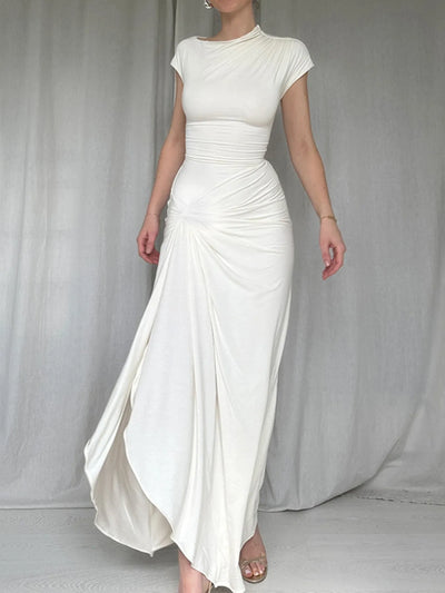 Ruched Slit Cap Sleeve Maxi Dress - Byyde