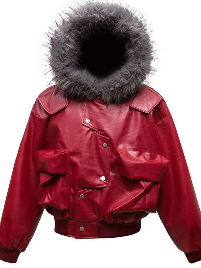 Men's Leather Bomber Jacket with Faux Fur Hood - Byyde