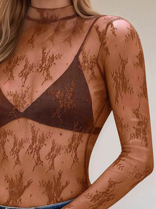 Floral Mock Neck Long Sleeve Mesh Top - Byyde