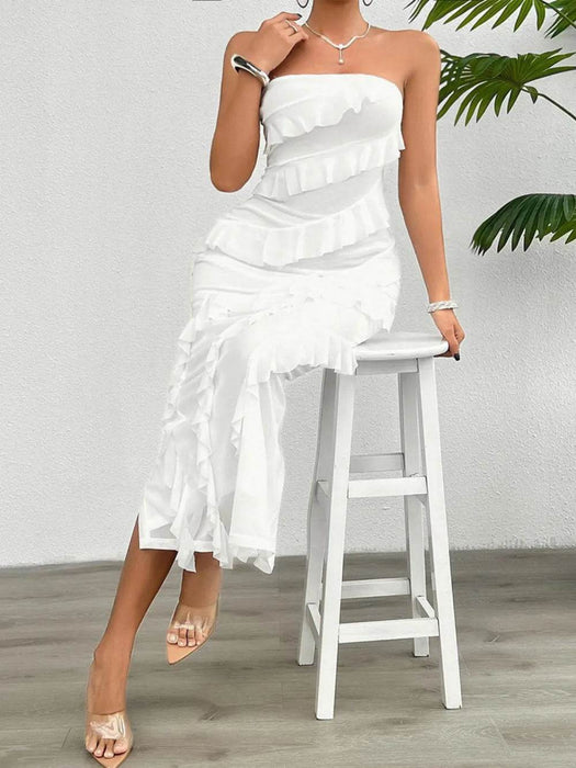Devine Ruffled Slit Back Tube Maxi Dress - Byyde