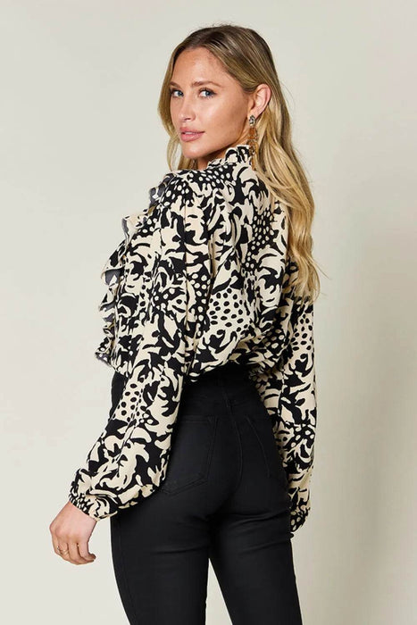 Double Take Full Size Printed Ruffle Trim Balloon Sleeve Shirt - Byyde