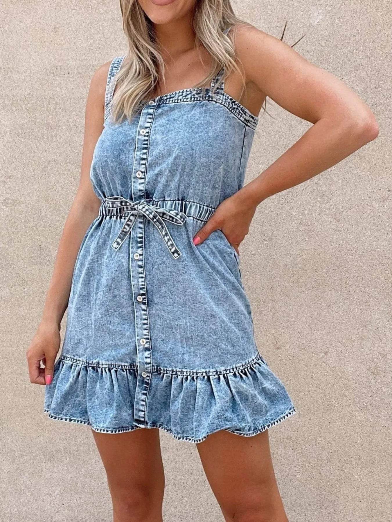 Casual Ruffled Hem Denim Mini Dress with Tie Waist - Byyde
