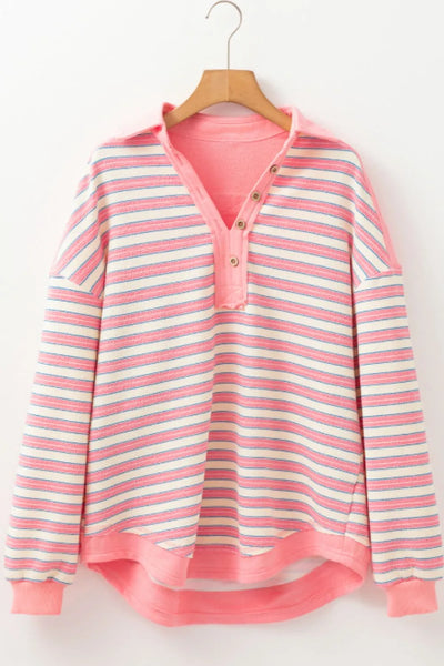 Striped Johnny Collar Long Sleeve Sweatshirt - Byyde