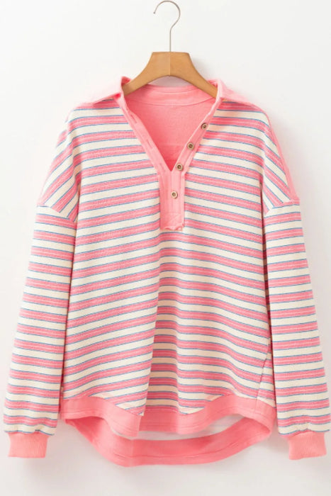 Striped Johnny Collar Long Sleeve Sweatshirt - Byyde