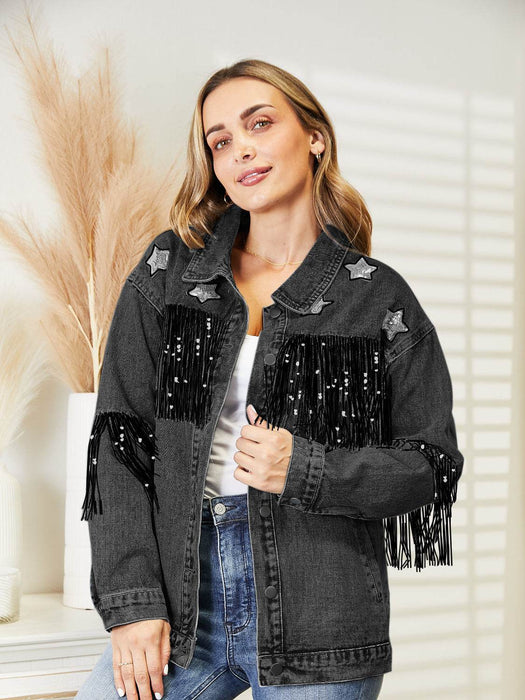 Fringe Detail Long Sleeve Denim Jacket - Byyde