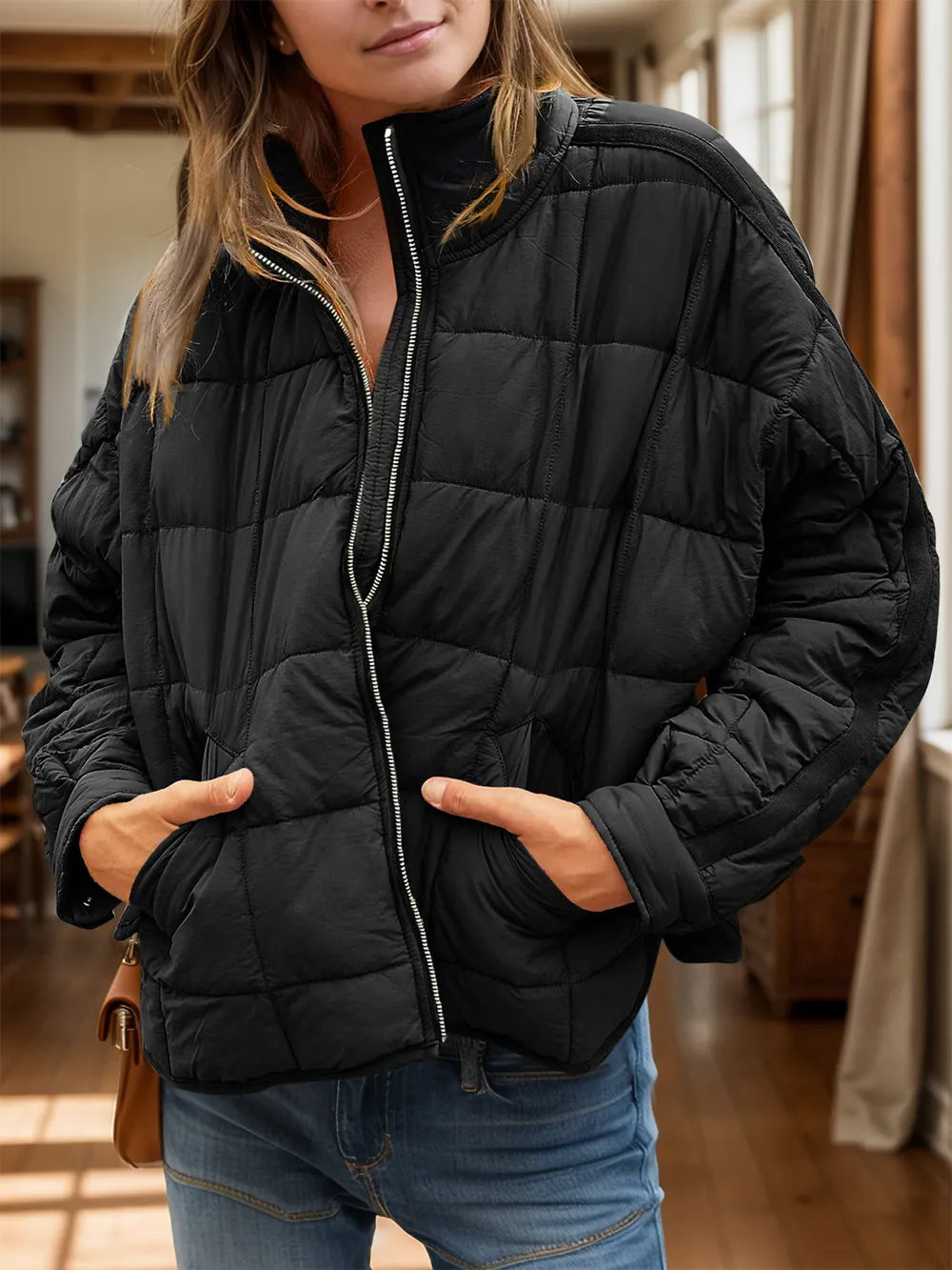Pocketed Plaid Quilted Zip Up Winter Coat - Byyde