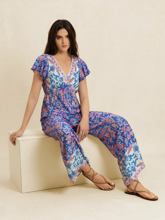 Printed V-Neck Wide Leg Jumpsuit - Byyde