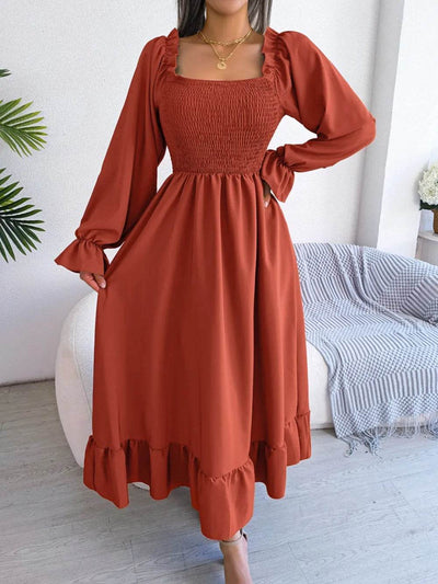 Smocked Square Neck Flounce Sleeve Dress - Byyde