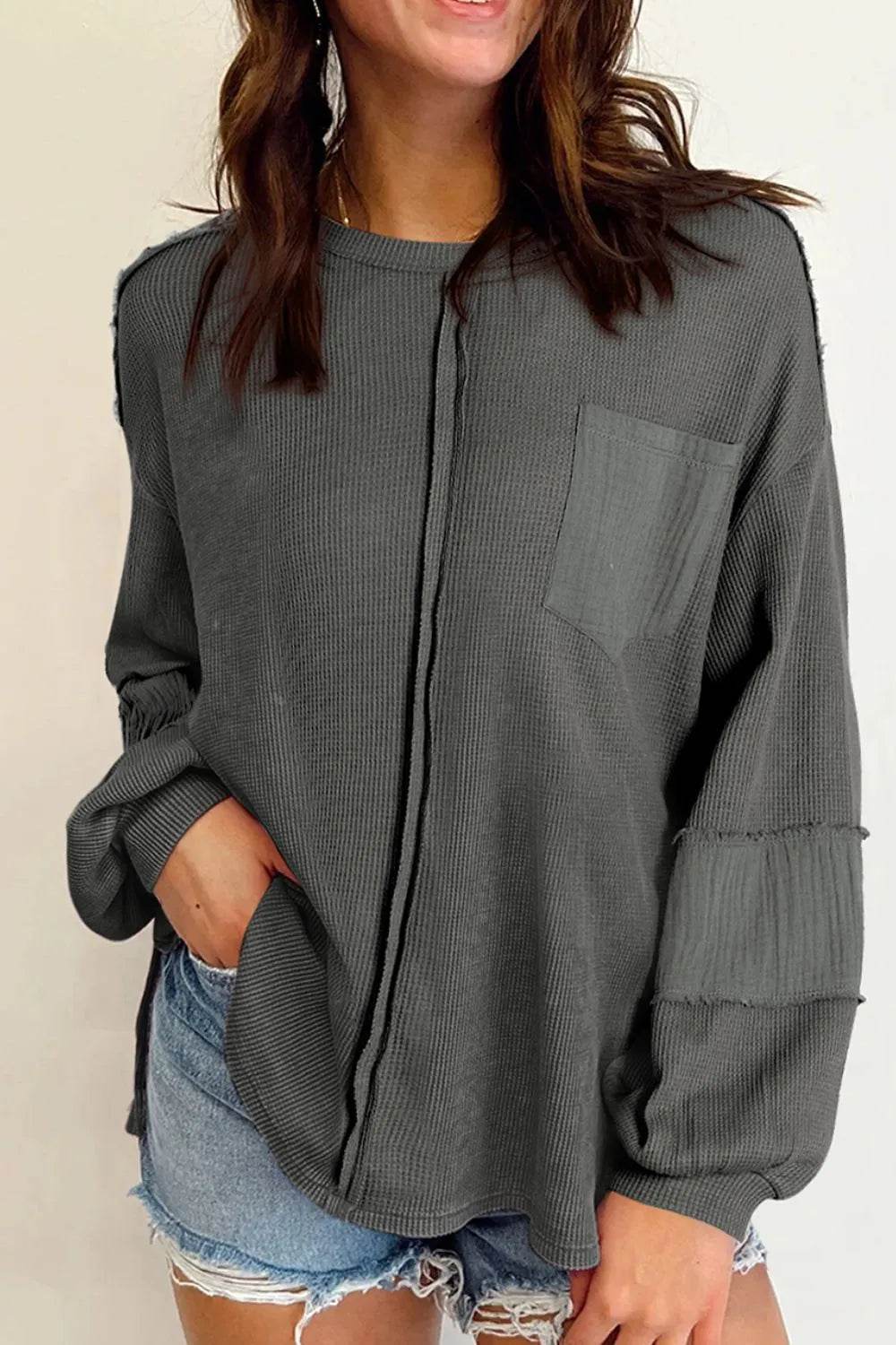 Exposed Seam Round Neck Long Sleeve Sweatshirt - Byyde