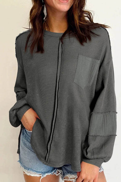 Exposed Seam Round Neck Long Sleeve Sweatshirt - Byyde