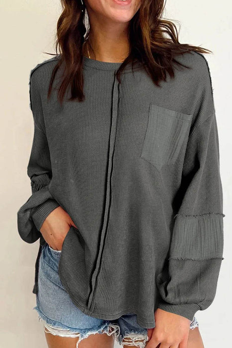 Exposed Seam Round Neck Long Sleeve Sweatshirt - Byyde