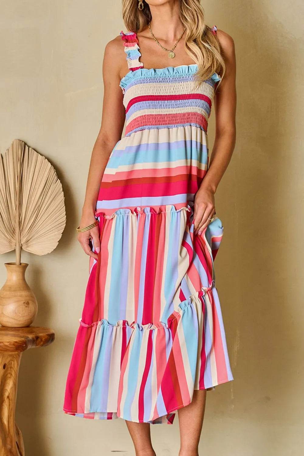Contrast Stripe Wide Strap Smocked Tiered Dress - Byyde