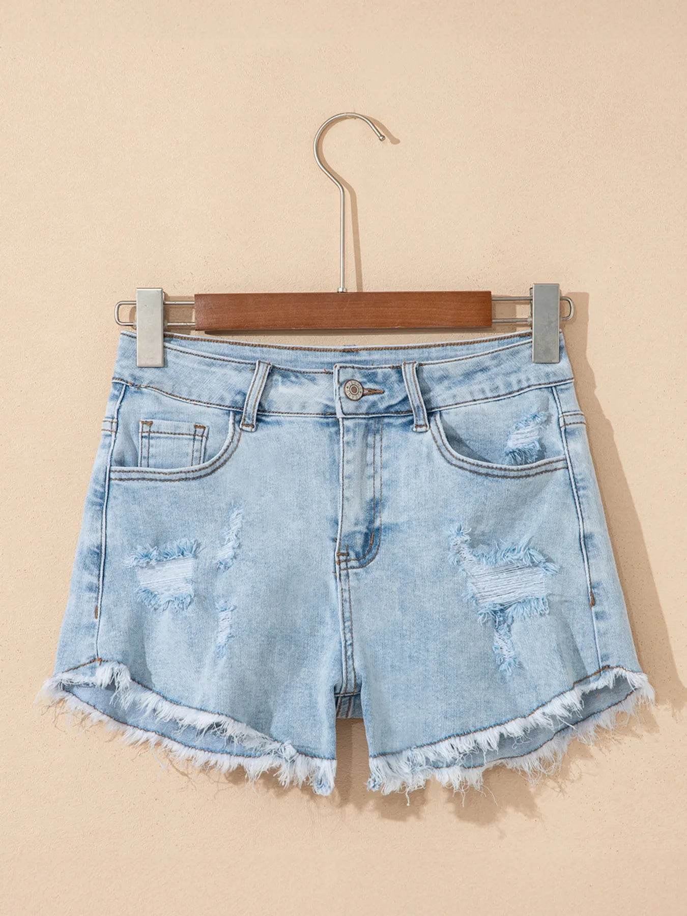 High Rise Distressed Raw Hem Denim Shorts - Byyde
