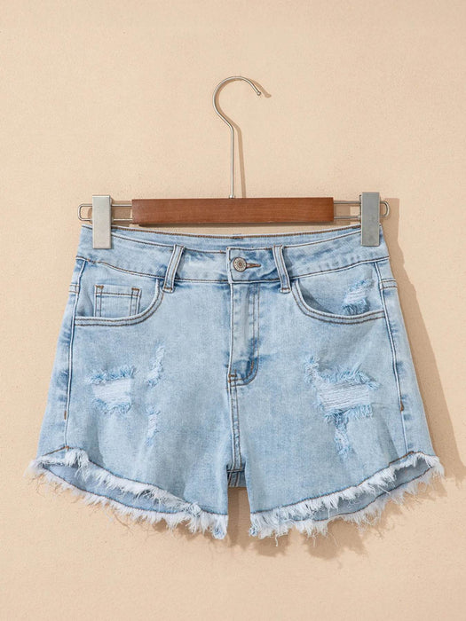 High Rise Distressed Raw Hem Denim Shorts - Byyde