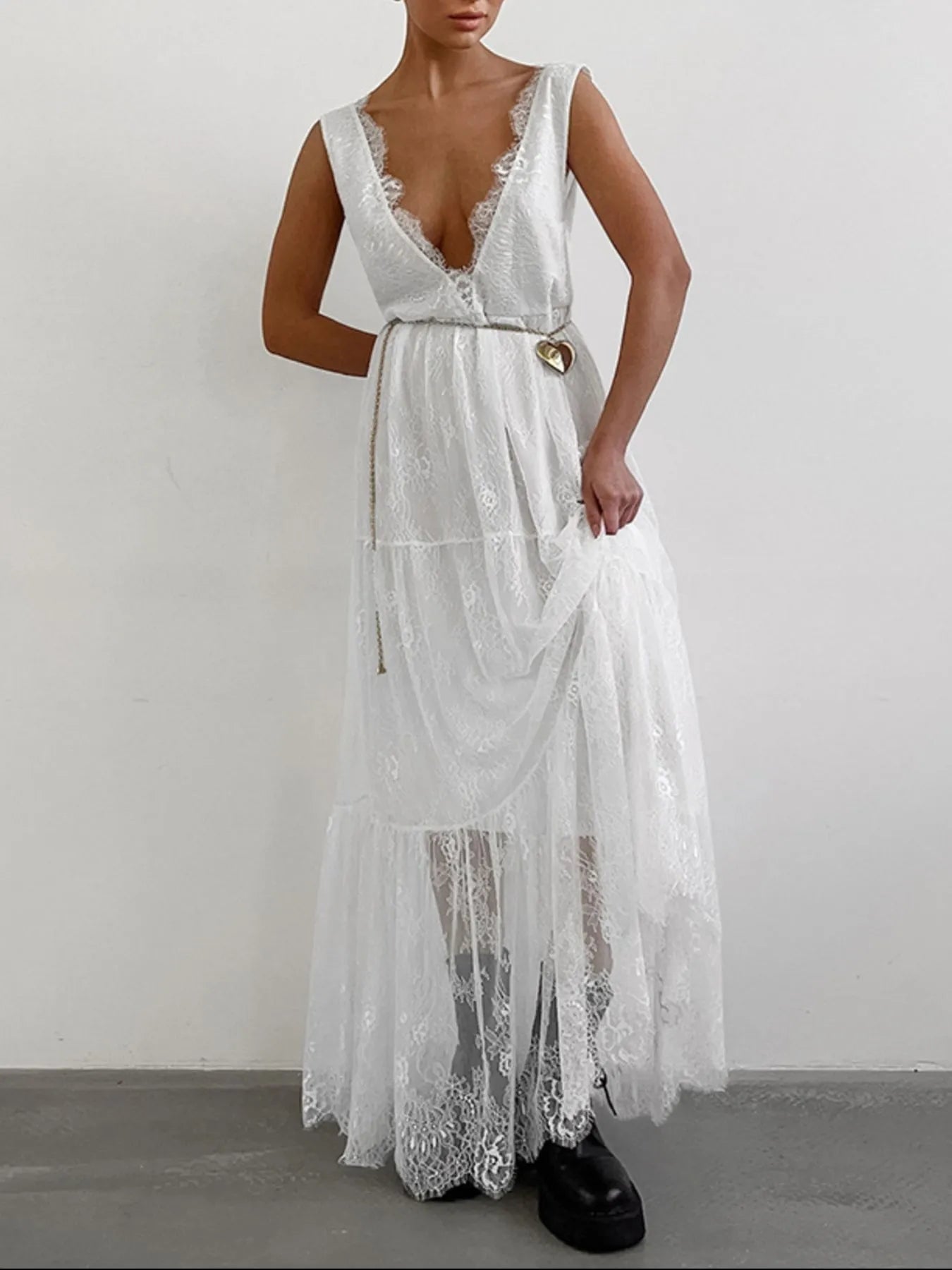 Lace Deep V-Neck Maxi Dress - Byyde