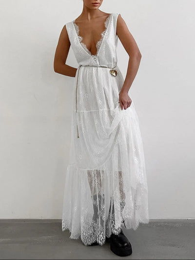 Lace Deep V-Neck Maxi Dress - Byyde