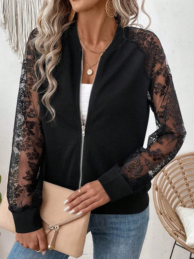 Lace Baseball Collar Zip Up Jacket - Byyde