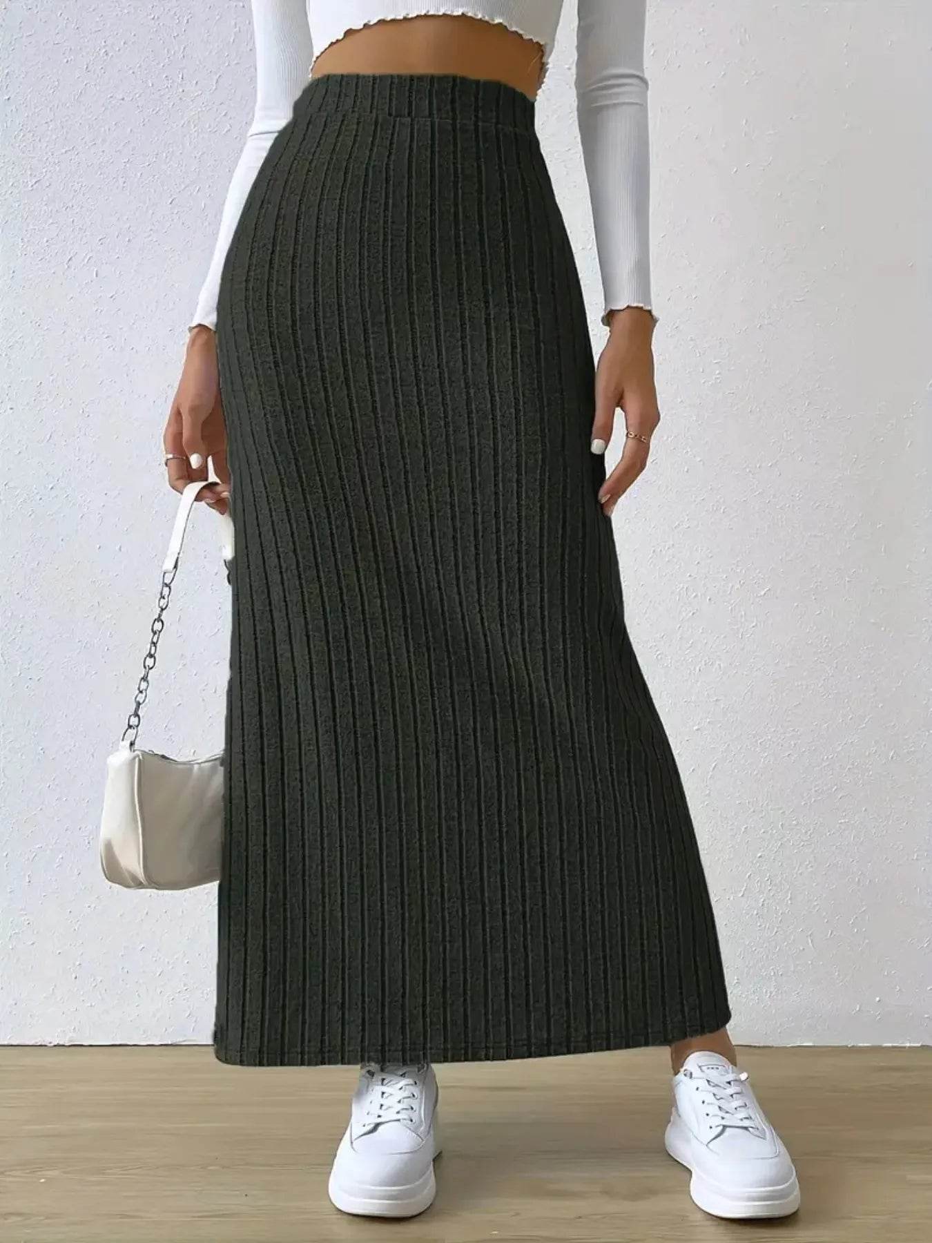 High Waist Ribbed Knit Maxi Skirt - Byyde