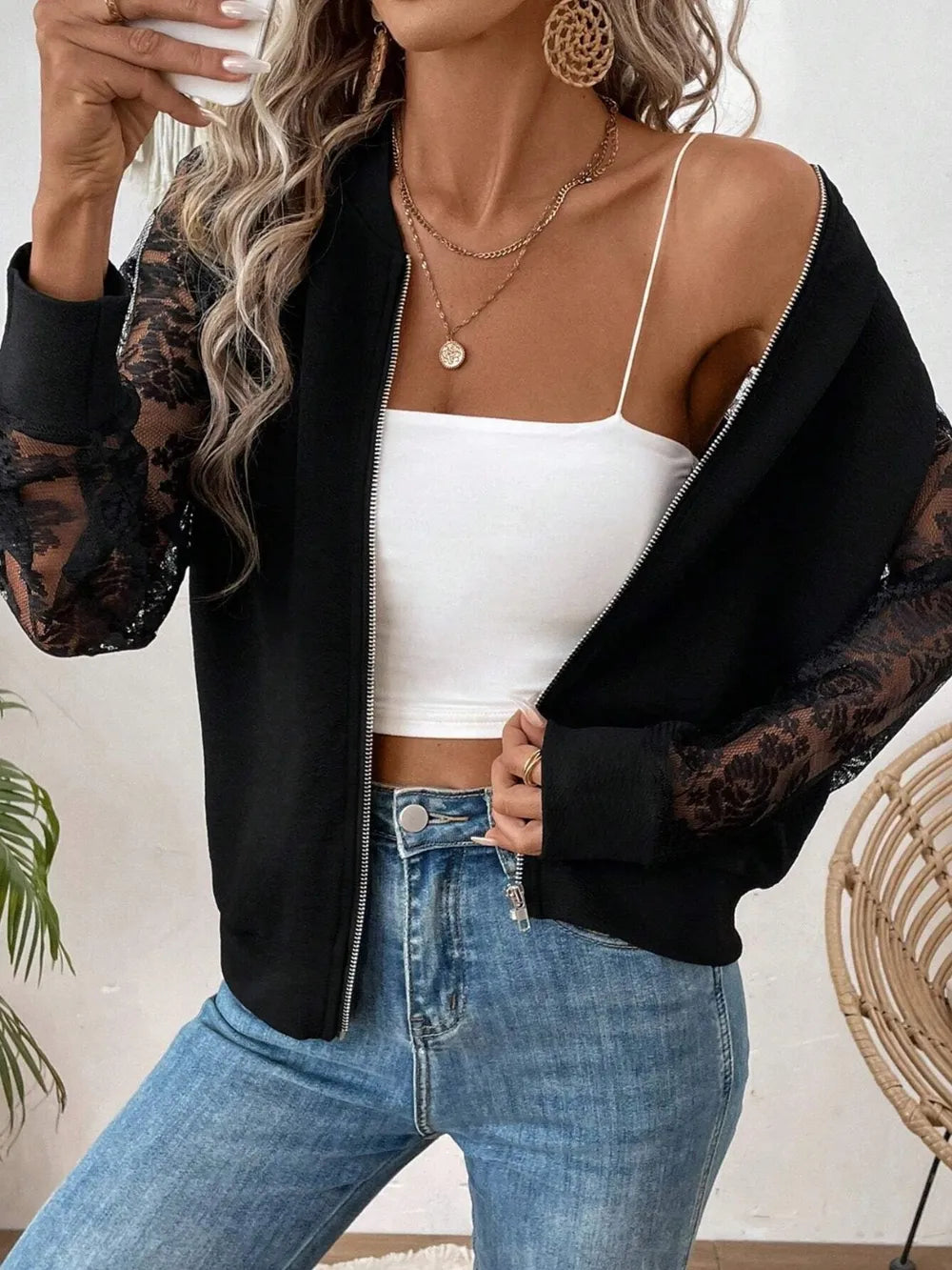 Lace Baseball Collar Zip Up Jacket - Byyde