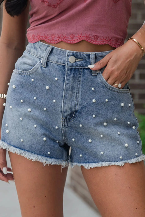 Pearl Beaded Raw Hem Wash Denim Shorts - Byyde