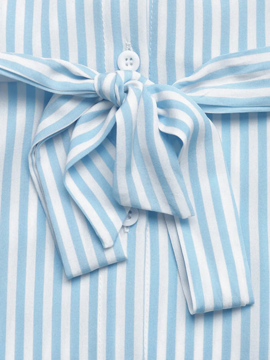 Striped Button-Down Midi Shirt Dress with Ruffle Sleeves - Byyde