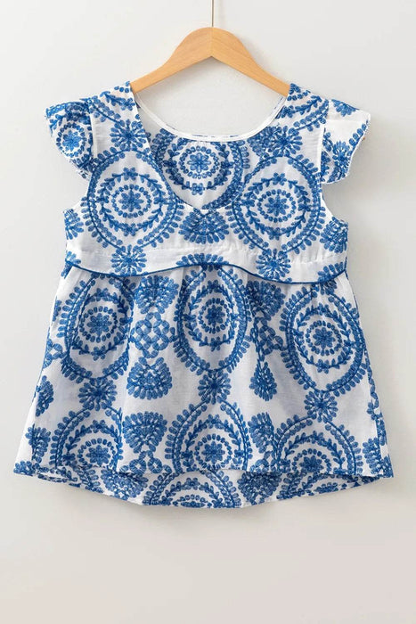 Boho Print Ruffled Cap Sleeve Crew Neck Blouse - Byyde