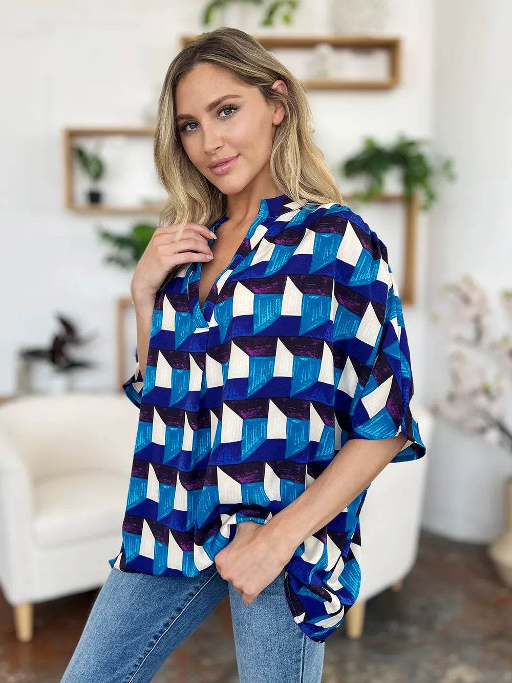 Double Take Full Size Geometric Notched Half Sleeve Blouse - Byyde