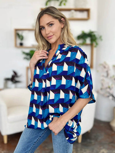 Double Take Full Size Geometric Notched Half Sleeve Blouse - Byyde