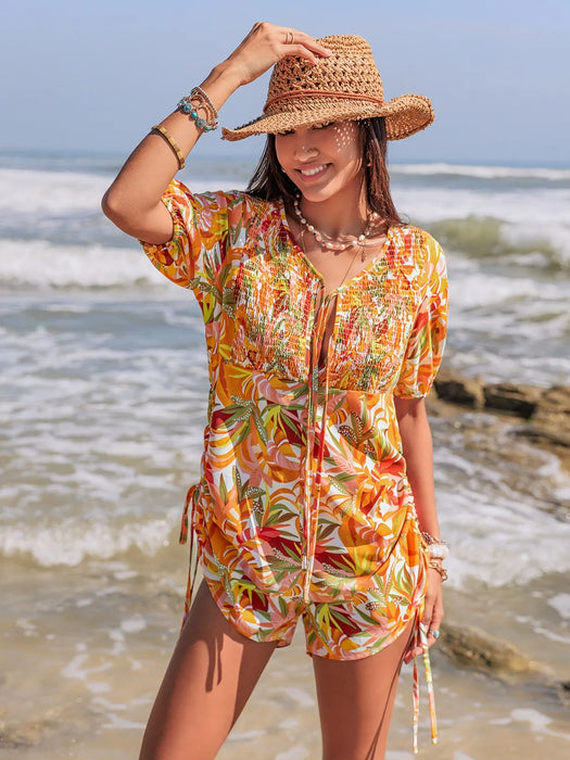 Smocked Printed Tie Neck Romper - Byyde