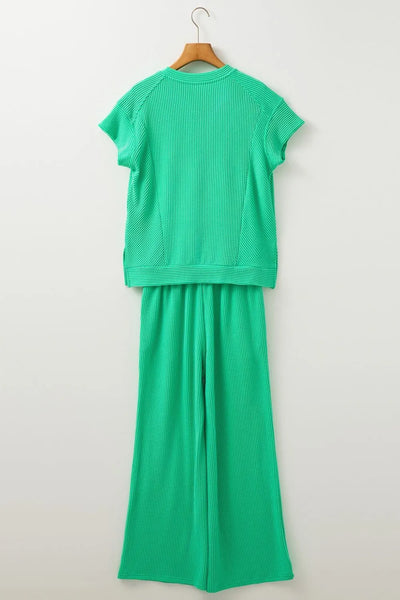 Ribbed Knit Round Neck Top and Pants Casual Set - Byyde
