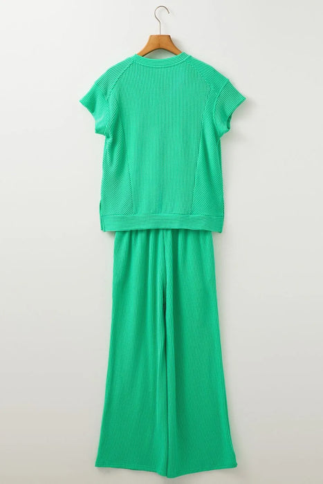 Ribbed Knit Round Neck Top and Pants Casual Set - Byyde