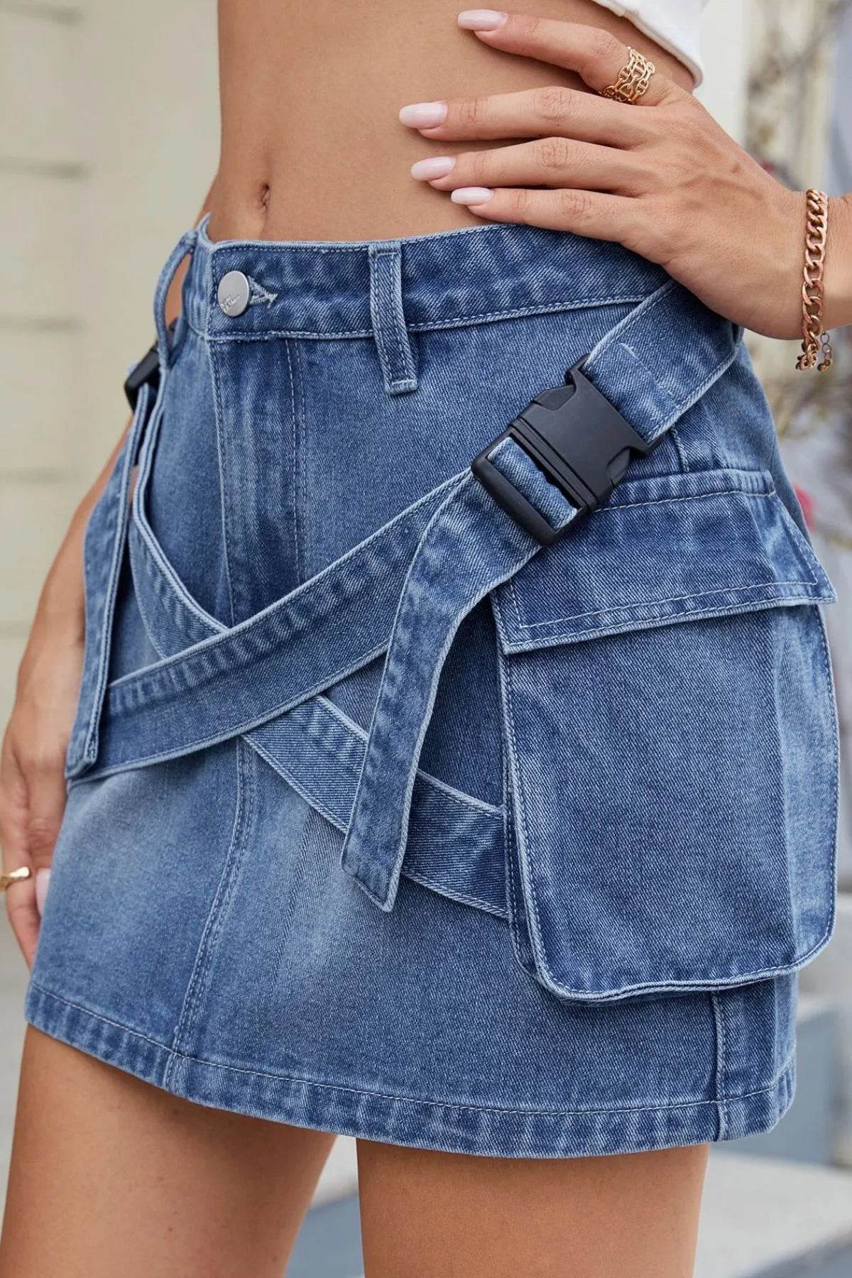 Criss-Cross Waist Detail Denim Mini Skirt - Byyde