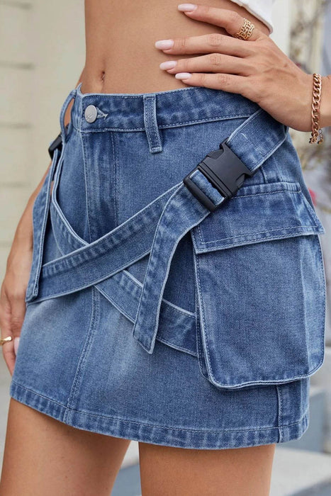 Criss-Cross Waist Detail Denim Mini Skirt - Byyde