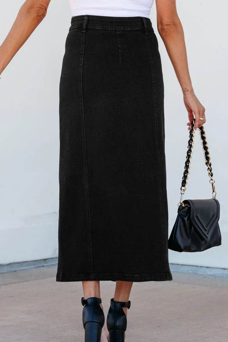 Button Fly Side Split Denim Midi Skirt - Byyde