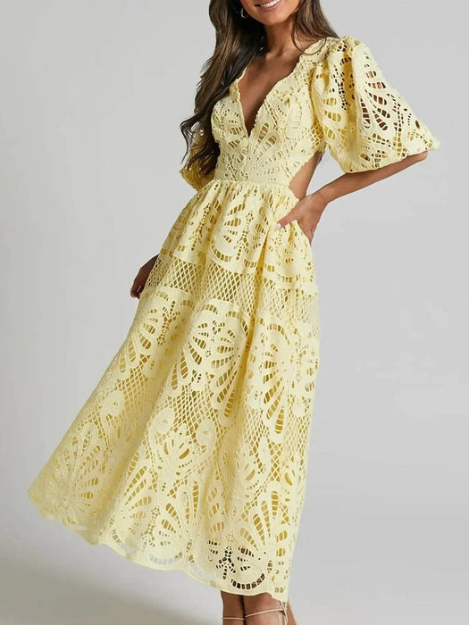 Cutout Back Lace Crochet V-Neck Dress - Byyde