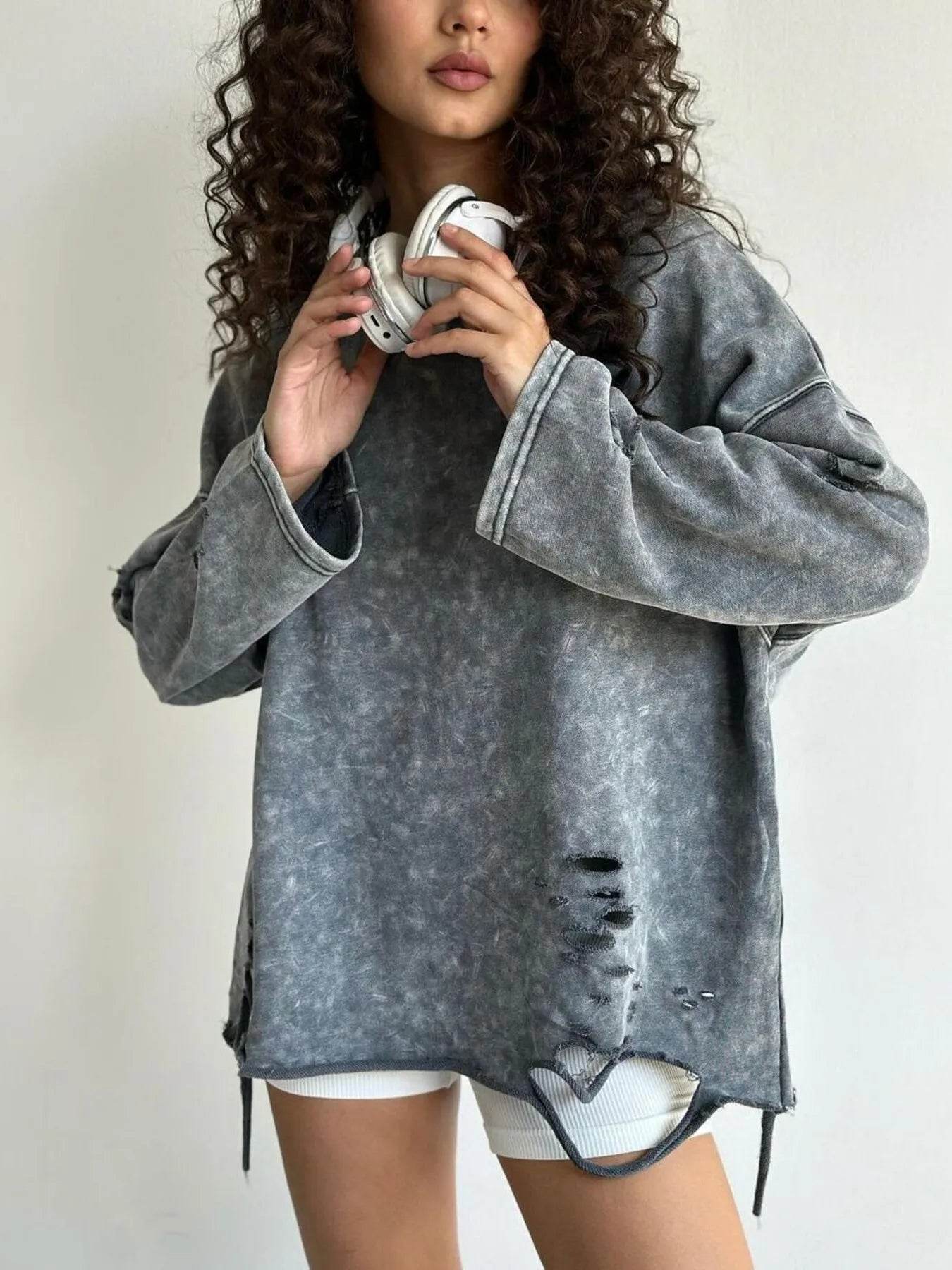 Distressed Oversized Long Sleeve Sweatshirt - Byyde