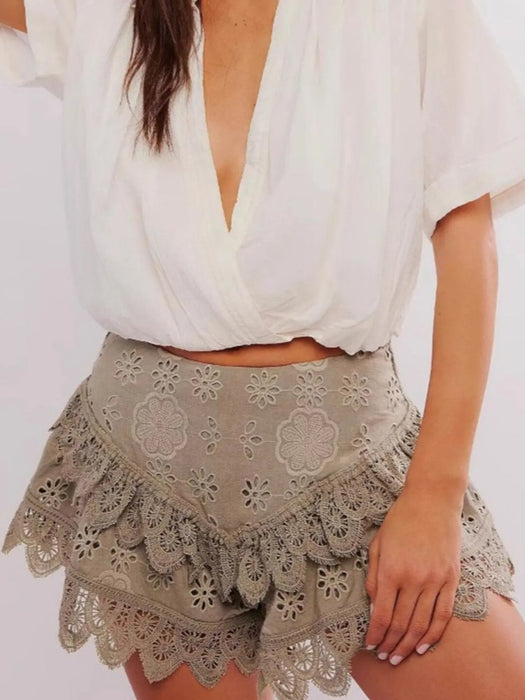 Lace Eyelet Ruffle Hem Shorts - Byyde