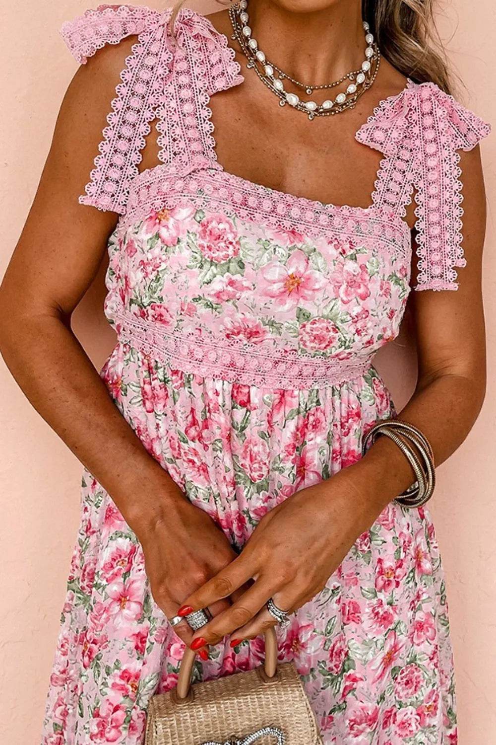 Floral Lace Tied Strap Square Neck Dress with Pockets - Byyde