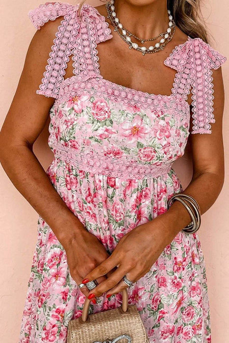 Floral Lace Tied Strap Square Neck Dress with Pockets - Byyde