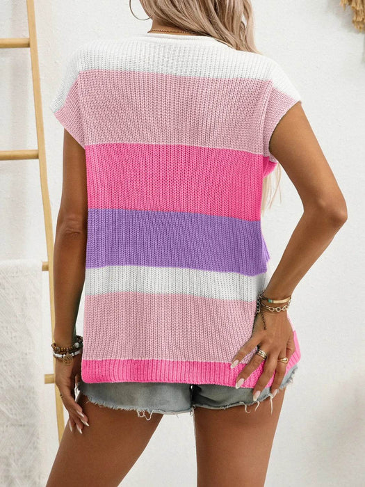 Color Block Notched Short Sleeve Knit Top - Byyde
