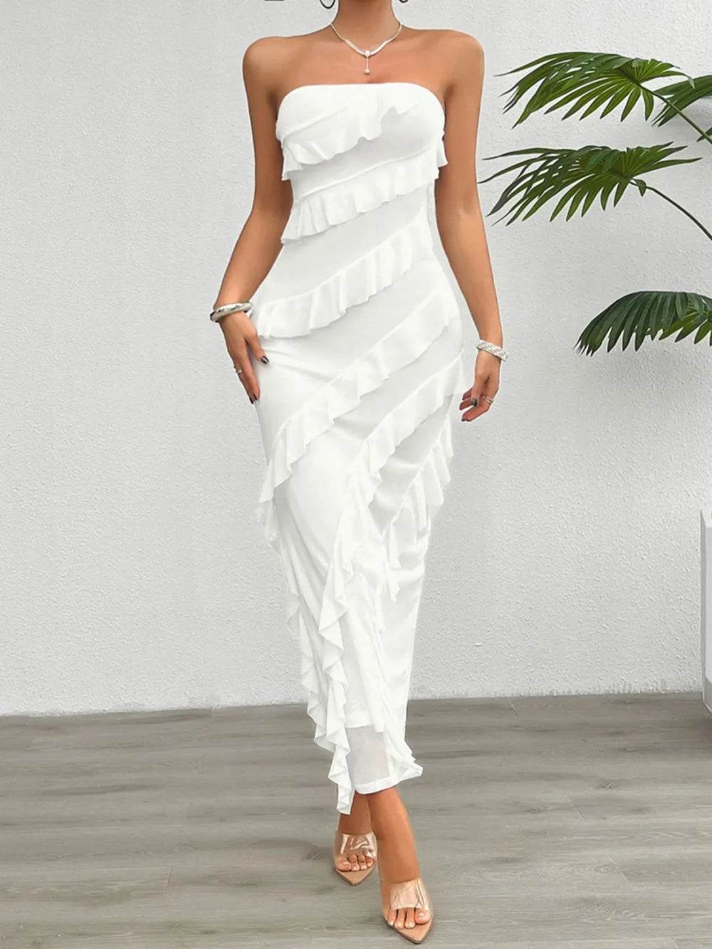 Devine Ruffled Slit Back Tube Maxi Dress - Byyde
