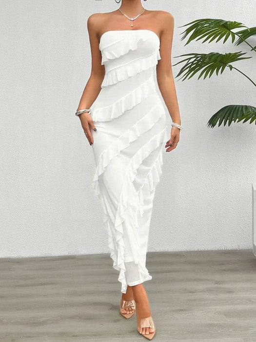 Devine Ruffled Slit Back Tube Maxi Dress - Byyde