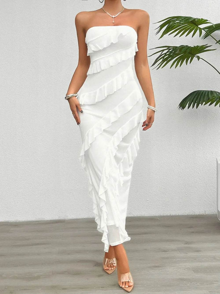 Devine Ruffled Slit Back Tube Maxi Dress - Byyde