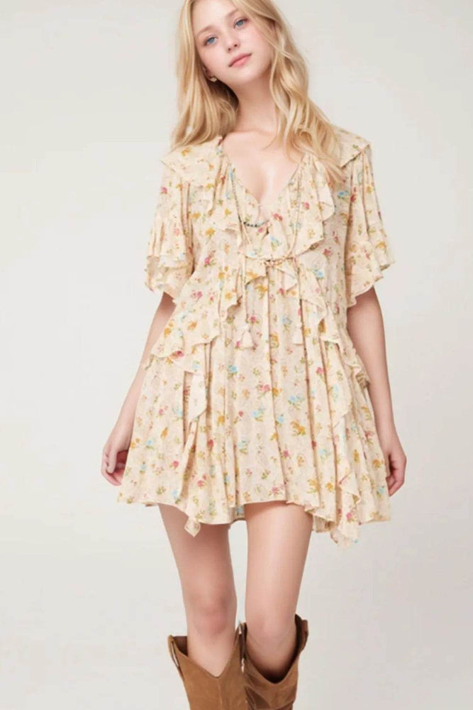 Boho Floral Tassel Tie V Neck Ruffle Wide Sleeve Mini Dress - Byyde