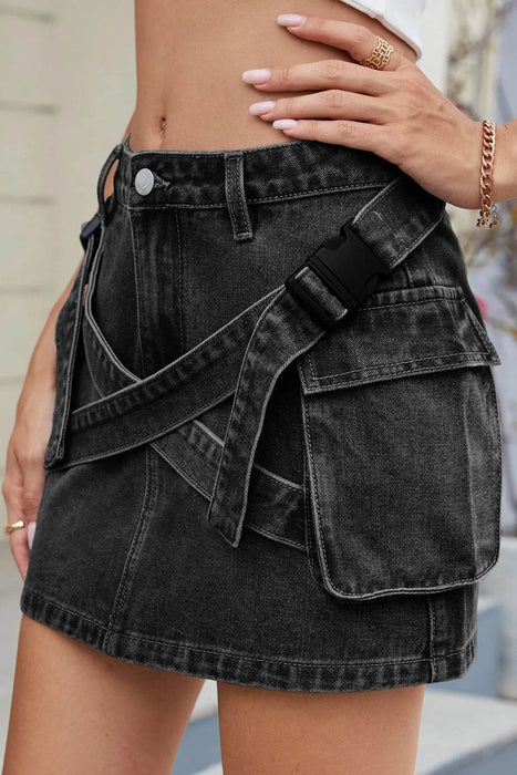 Criss-Cross Waist Detail Denim Mini Skirt - Byyde