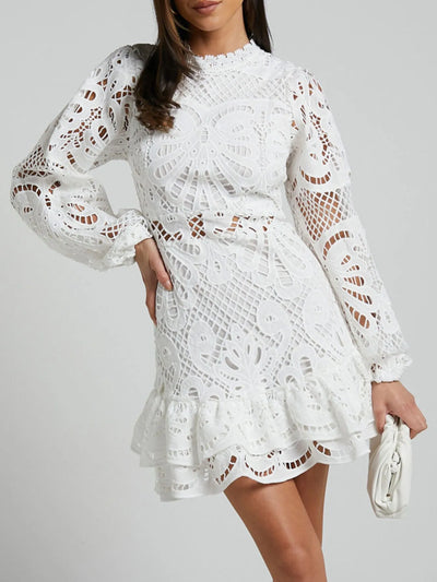 Lace Crochet Long Sleeve Mini Dress - Byyde