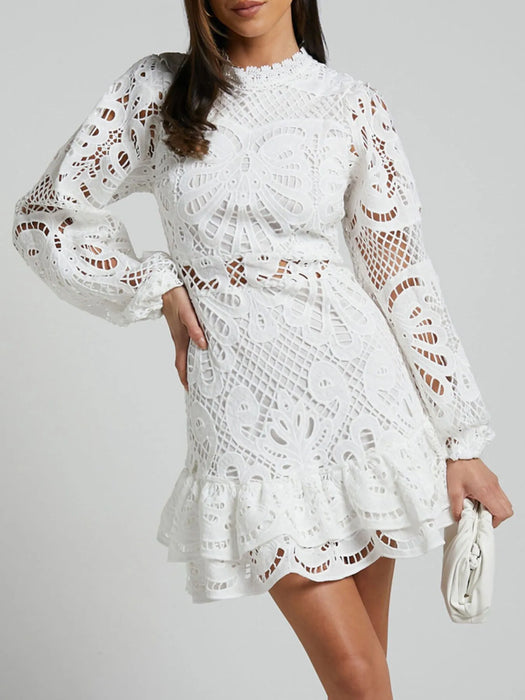 Lace Crochet Long Sleeve Mini Dress - Byyde