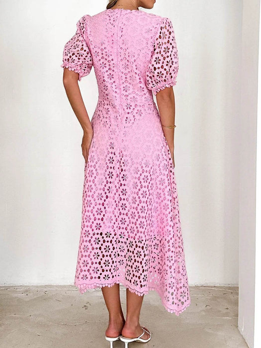 Eyelet Lace V-Neck Midi Dress with Puff Sleeves - Byyde