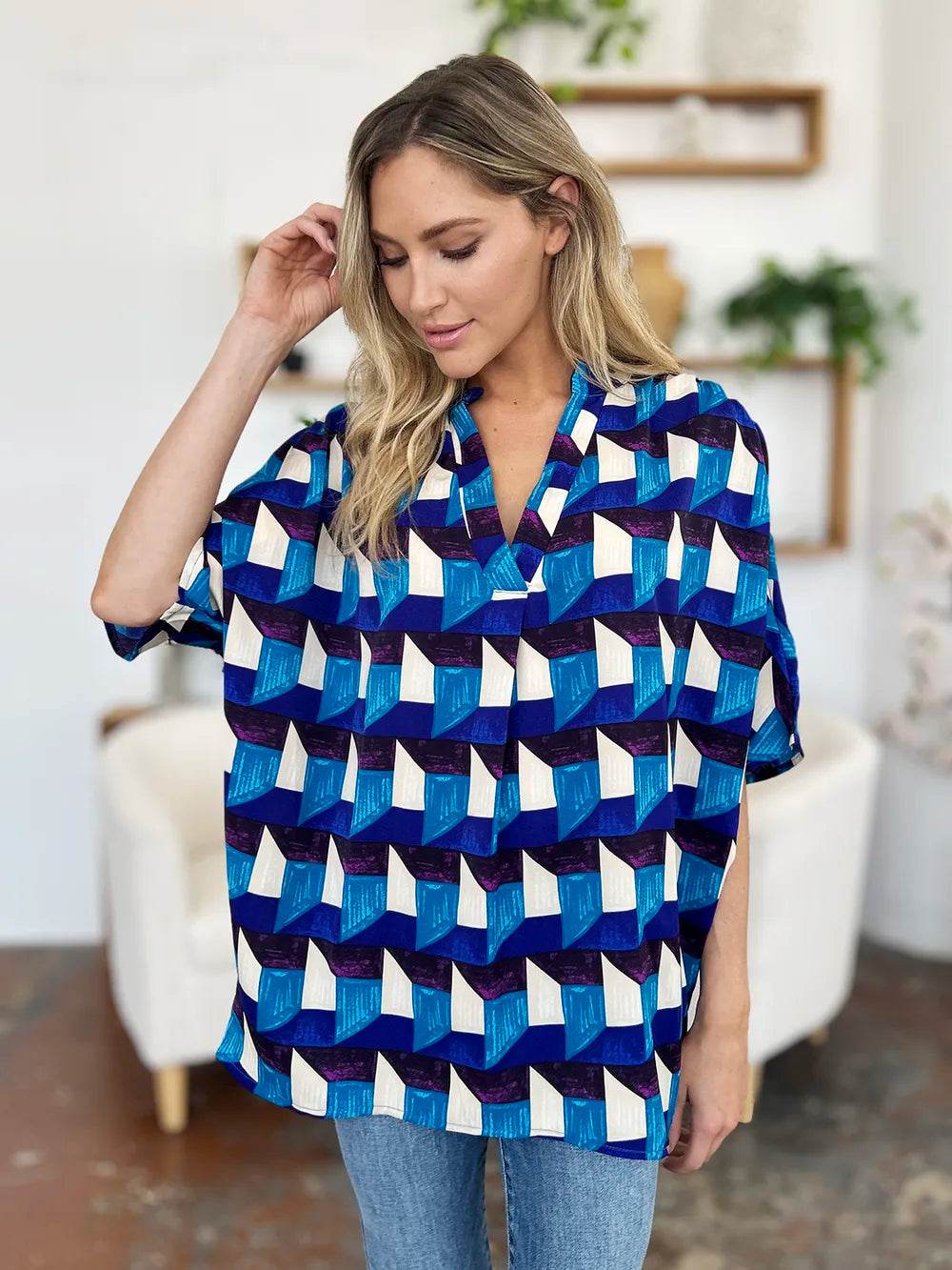 Double Take Full Size Geometric Notched Half Sleeve Blouse - Byyde