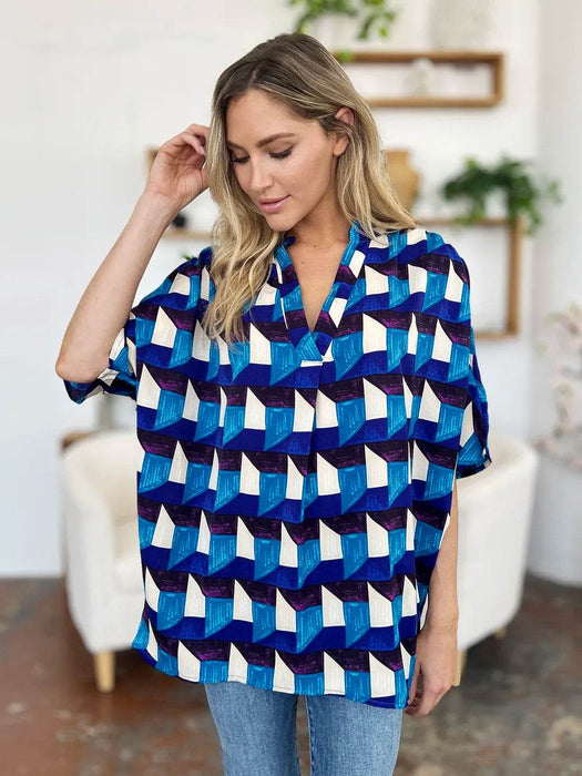 Double Take Full Size Geometric Notched Half Sleeve Blouse - Byyde